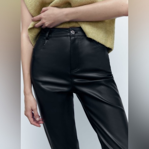 Zara Faux Leather High Ruse Mom Fit Pants - Picture 3 of 11